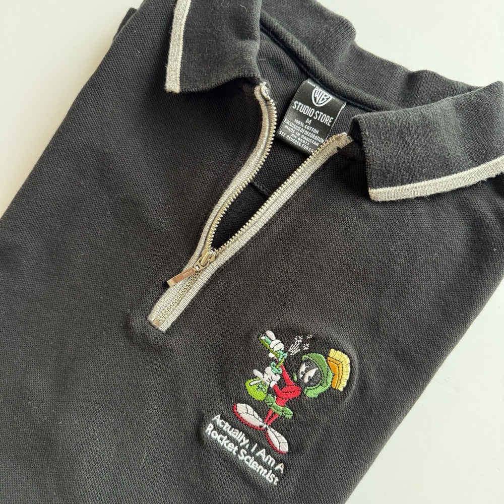 Vintage 90s Looney Tunes Marvin Zip‎ Polo Shirt Mens Medium Black Details - Picture 2 of 9